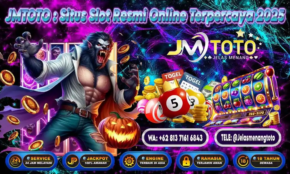 Banner promosi JMTOTO situs slot online resmi terpercaya 2025 dengan gambar serigala, mesin slot, bola togel, koin emas, dan kontak WhatsApp serta Telegram