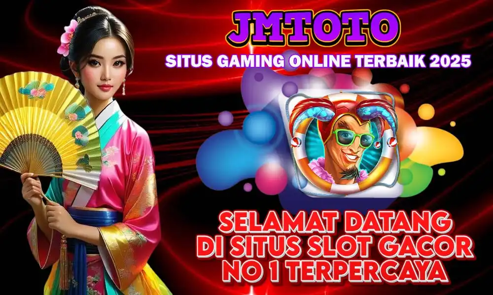 Banner promosi situs slot online JMTOTO tahun 2025 dengan wanita Jepang berkimono dan karakter slot Joker