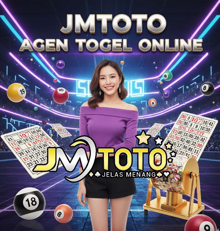 JMTOTO agen togel online dengan latar bola angka, kartu togel, dan mesin undian, serta model wanita sebagai ikon brand
