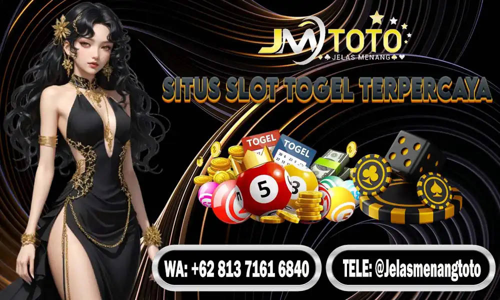 JMTOTO situs slot togel terpercaya dengan layanan WA +62 813 7161 6840 dan Telegram @Jelasmenangtoto, promosi judi online dengan ilustrasi wanita elegan dan ikon togel, slot, serta kasino